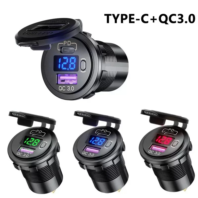 Ładowarka samochodowa USB C Gniazdo 12V/24V Podwójne gniazdo USB PD3.0 i QC3.0 Samochodowy port USB z woltomierzem LED i włącznikiem/wyłącznikiem