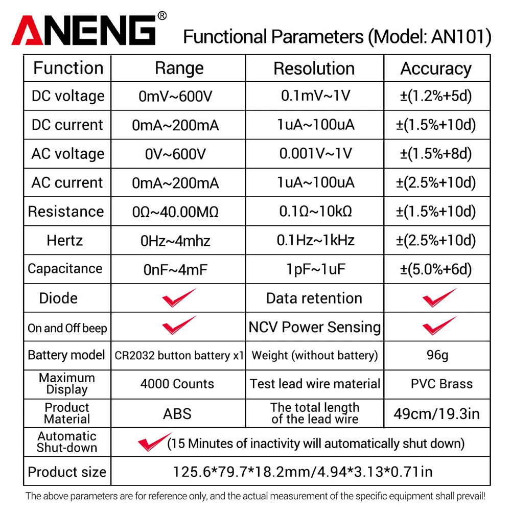ANENG AN101 มัลติมิเตอร์แบบดิจิตอล 1999 นับเครื่องทดสอบแรงดันไฟฟ้า AC/DC ยานยนต์ Current Professional Mini เครื่องทดสอบเครื่องมือช่างไฟฟ้า