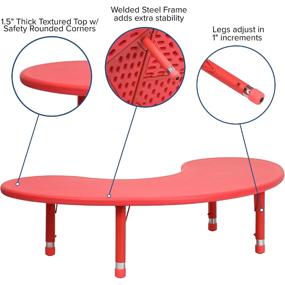 Half-Moon Blue Plastic Height-Adjustable Activity Table, 35 Wide x 65 Long
