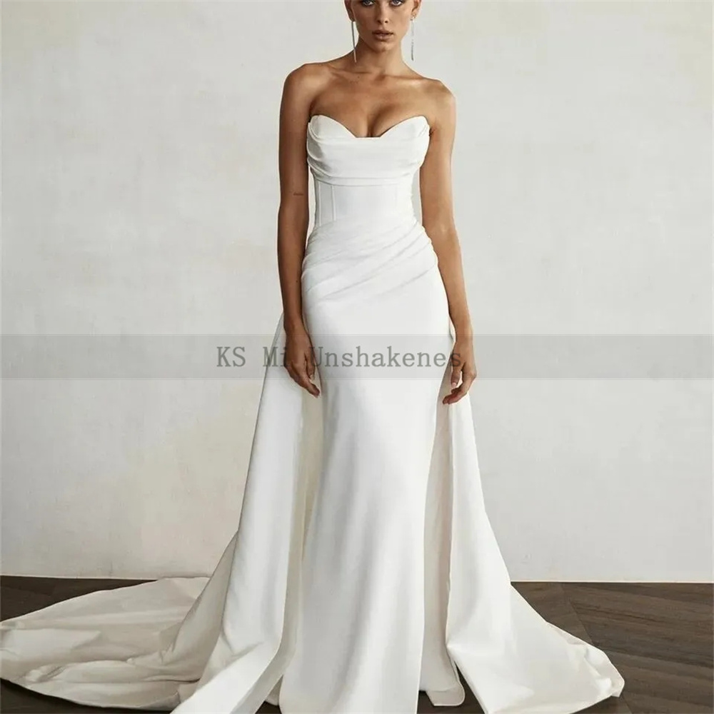 Abiti da sposa eleganti in raso bianco Abito da sposa economico senza spalline a sirena 2024 Abiti da sposa da chiesa con strascico lungo Boda personalizzati
