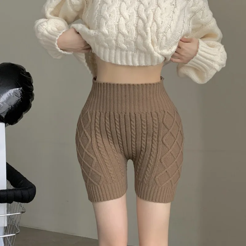 2023 니트 따뜻한 안전 짧은 여성 가을 ​​스키니 Bottoming 반바지 여성 겨울 높은 허리 엉덩이 리프팅 눈부심 방지 반바지