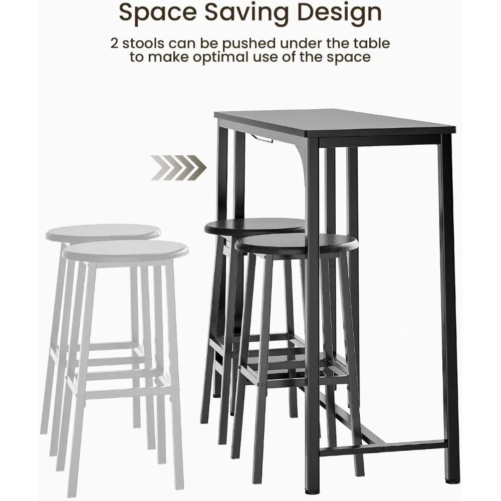 Juego de mesa alta para bar con 2 taburetes – Mesa alta para cocina o salón con 2 estantes y soporte para botellas de vino (negro)