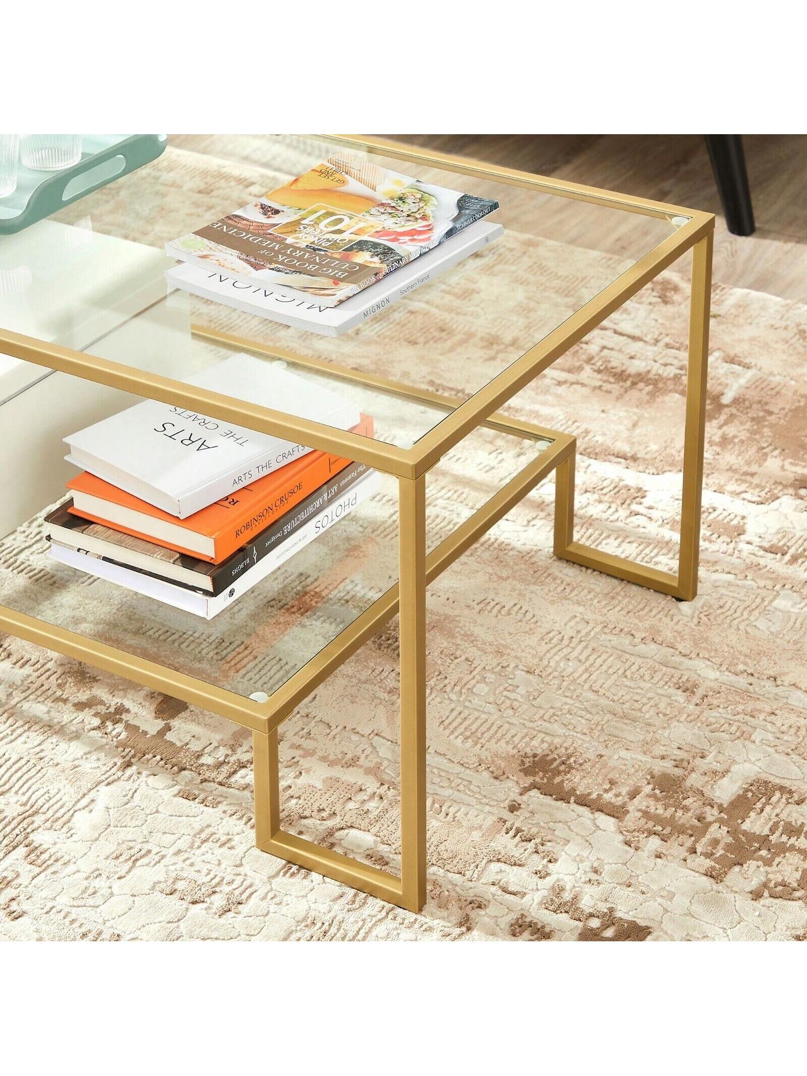 Mesa de centro de vidrio VASAGLE con almacenamiento Superficie de vidrio templado, marco de acero 100x55x45 cm, Color dorado