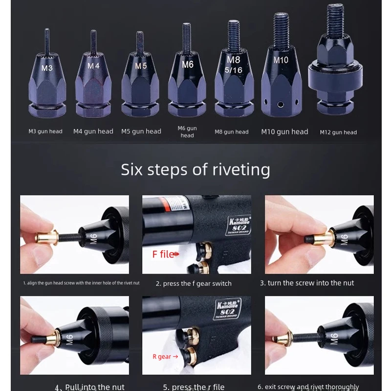 Pistolets à écrou à rivets pneumatiques autobloquants M3/M4/M5/M6/8/M10/M12, insérer des rivets à filetage pour écrous en aluminium et en fer