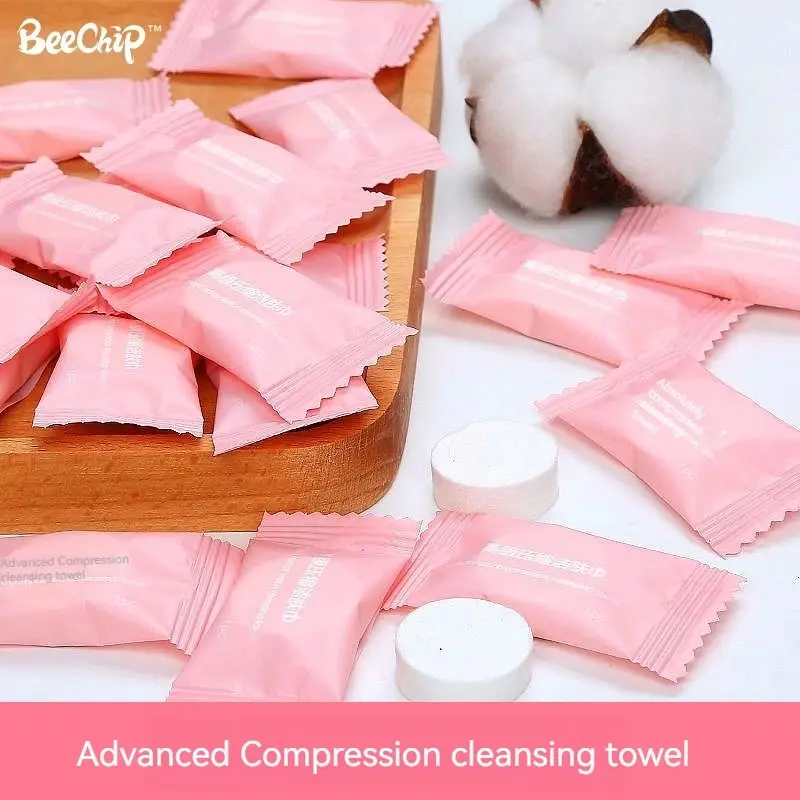 Toalha de limpeza de algodão descartável, Toalhas de viagem, Saco comprimido, Adequado para pele sensível, Face Pack, 50Pcs