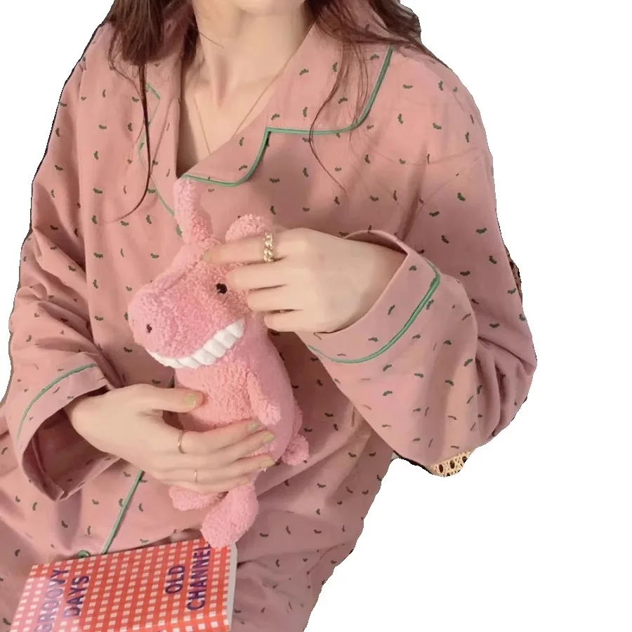 Pijamas de Manga Longa em Aodão Puro com Estampa de Morango, Estilo Doce para Mulheres, Conjunto de Roupas para Casa que Po...