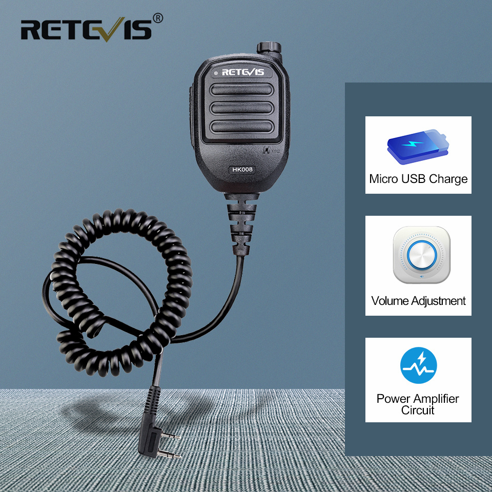 Retevis HK008 micrófono recargable de 2 pines micrófono altavoz volumen PTT Tangent para Baofeng UV 5R H777 para Radios TYT Quansheng UV K5
