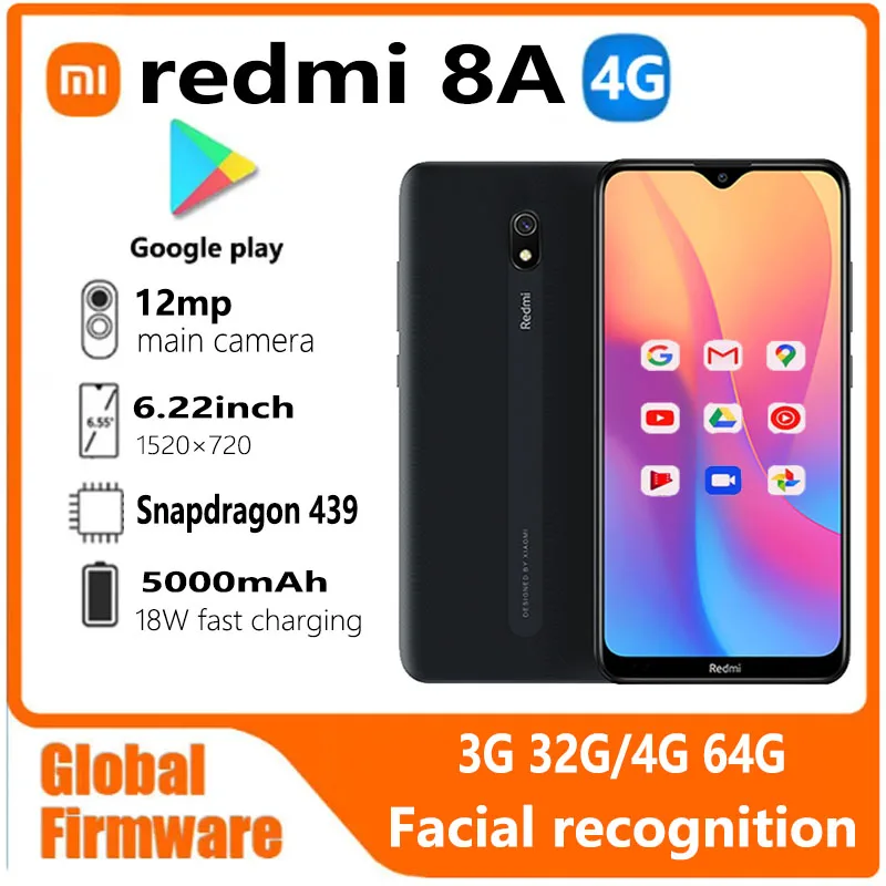 Xiaomi Redmi 8A สมาร์ทโฟน 4G 64G เฟิร์มแวร์ทั่วโลก 5000mAh 6.22 นิ้ว Snapdargon 439 12MP 18W Facial Recognition โทรศัพท์ใช้