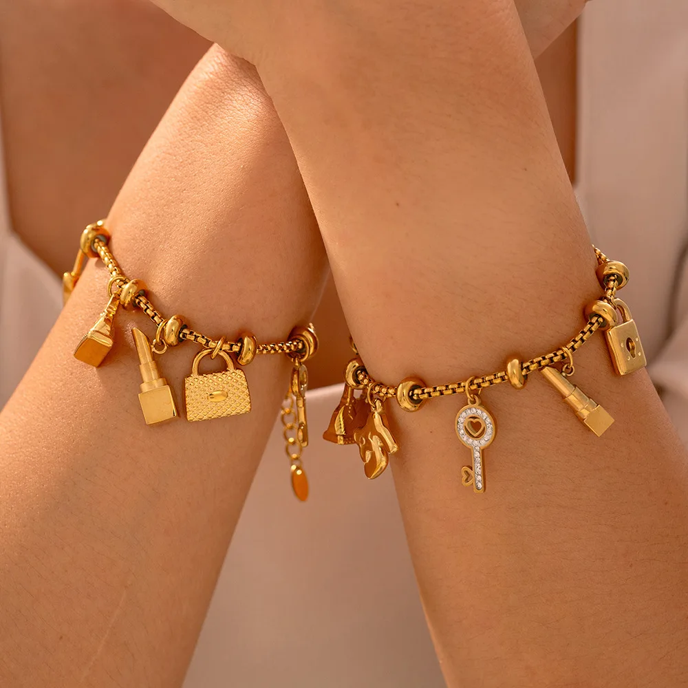 Pulseira ajustável estilo INS – joias modernas retrô de aço titânio banhado a ouro 18K com pingentes incrustados de diamantes de vários elementos