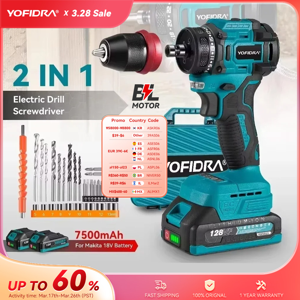 Yofidar 2 em 1 chave de fenda elétrica sem escova martelo furadeira sem fio impacto multifuncional ferramenta elétrica para makita 18v bateria
