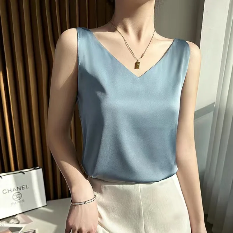 S-3XL de encaje de seda satinada para mujer, camisetas sin mangas de verano, chaleco, blusa informal para mujer con cuello en V, correas sin mangas, chaleco con cuello en V, camisa para mujer