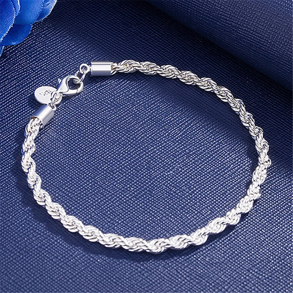 ゴージャスな 18K ゴールド 925 スターリングシルバー 4 ミリメートルチェーンブレスレット男性用チャーム女性レディボーイウェディングパーティー 20 センチメートル 8 インチ