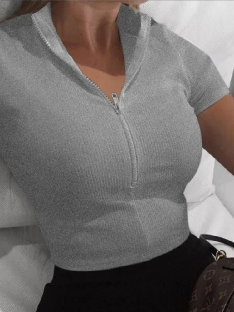 Modna, dopasowana damska koszulka z zamkiem błyskawicznym z krótkim rękawem, codzienna koszulka z krótki Top szczupły krótki rękaw T-shrit, biała koszulka Solid