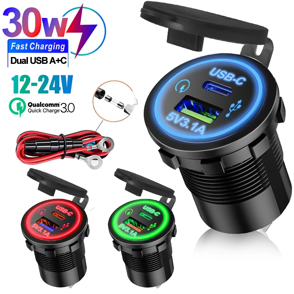 USB-C Dual USB Fast Charging Type-c Socket 12V to 5V 12-24V Charger Motorcycle Dual Connector Charger Adapter Outlet Power