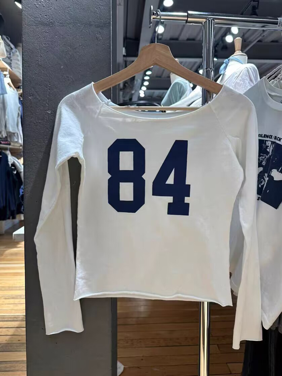 84 プリント生裾長袖 Tシャツ女性スクープネックスリムコットン Tシャツトップカジュアルヴィンテージ甘いかわいいストリート Y2k クロップトップス