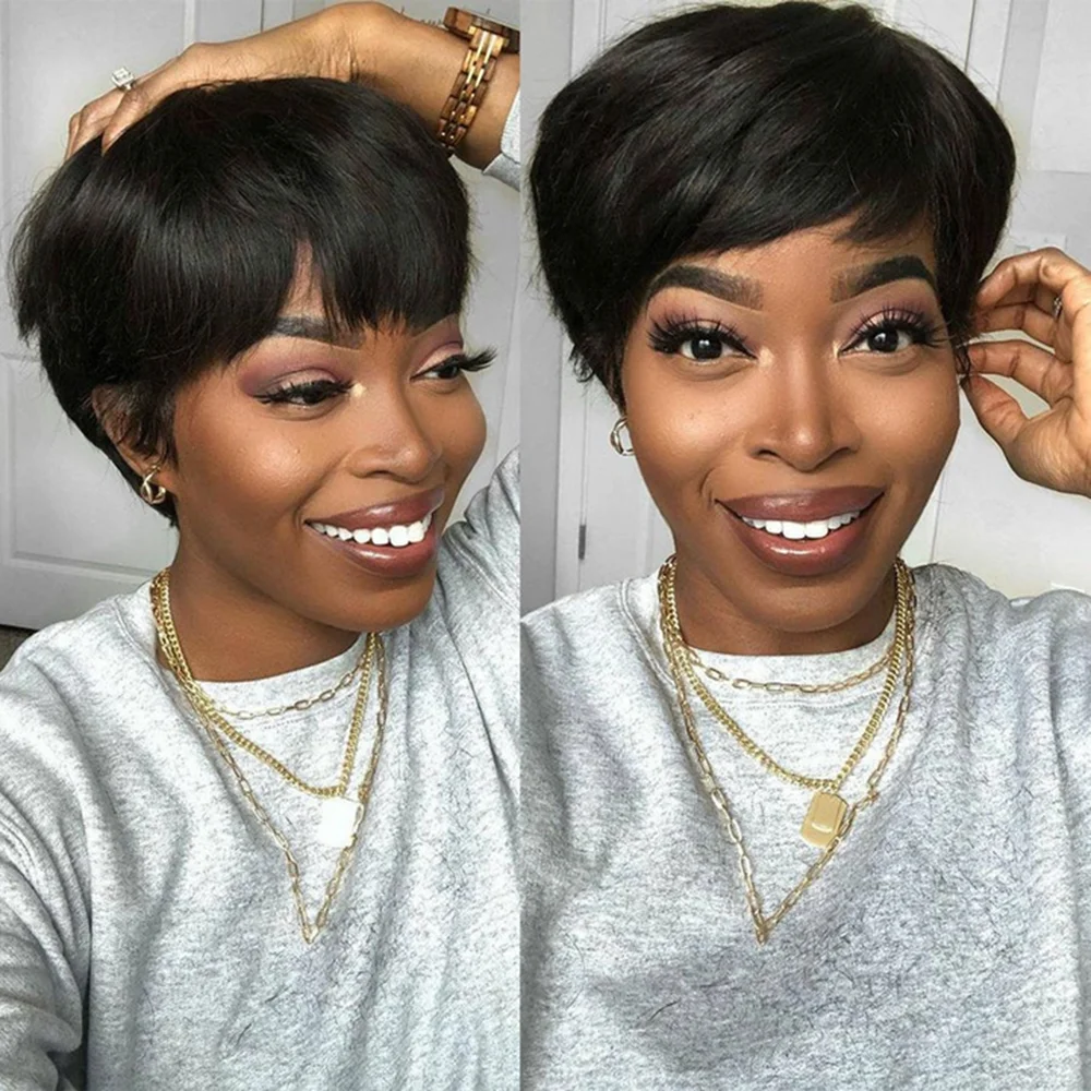 Cabelo humano brasileiro em linha reta pixie bob peruca curta com franja cabelo remy máquina completa feita para preto feminino acessível usar para ir