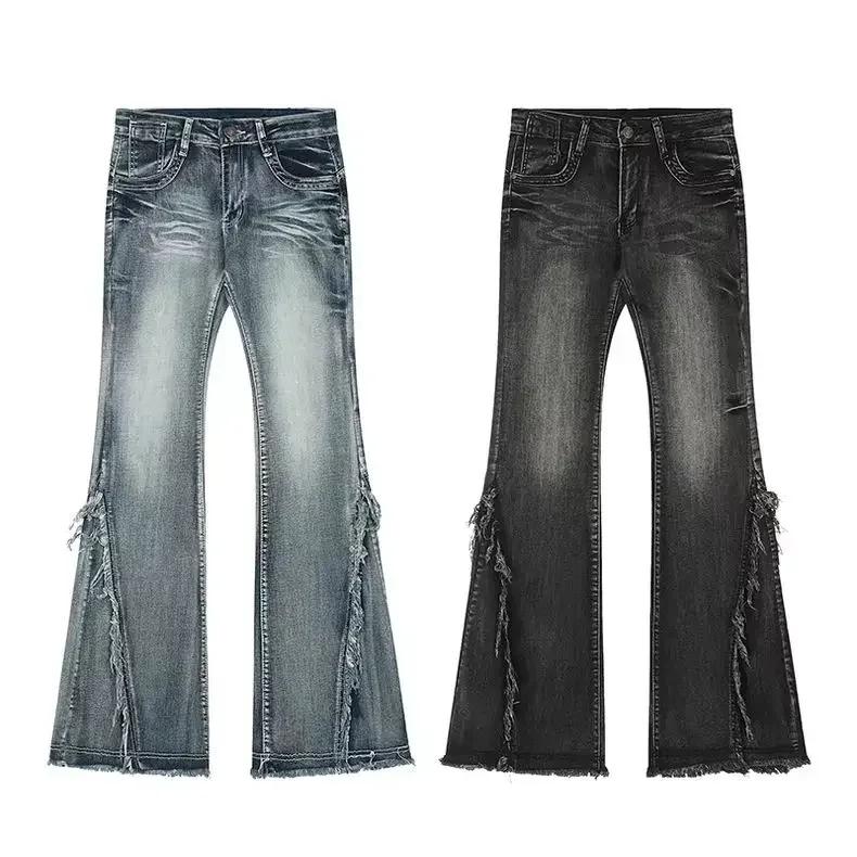 Wysokiej jakości amerykańskie ubrania vintage Raw Edge Design Rozkloszowane dżinsy dla kobiet Patchwork Jesienne spodnie Y2k z niskim stanem