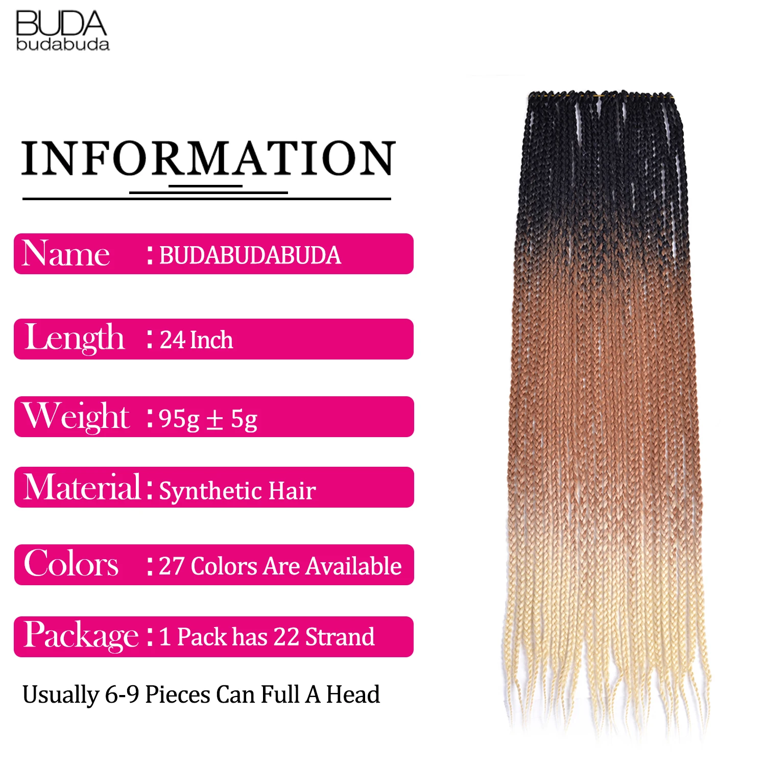 24 zoll Ombre Box Zöpfe Häkeln Haar Lange Pre-Geschleift Häkeln Zöpfe Für Frauen Mädchen Synthetische Flechten Haar Extensions BUDABUDA