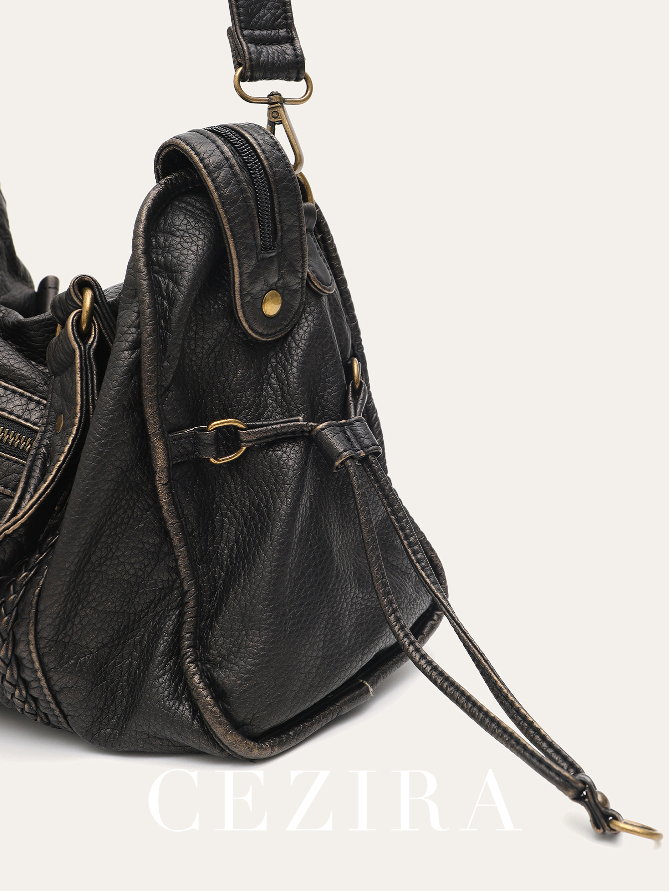 Vintage Gewassen Pu Leer Grote Capaciteit Draagtas Met Rits Gevlochten Decor Schouder Crossbody Tas Unisex Vrouwen Dagelijkse Reishandtas