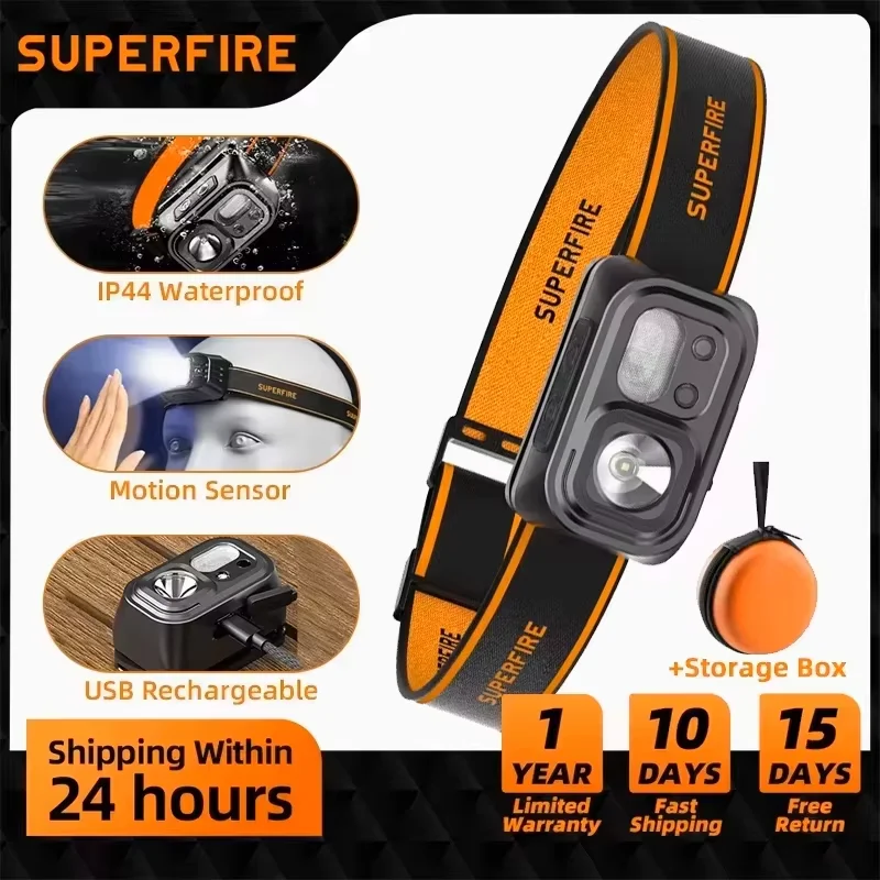 SUPERFIRE-Mini potente faro delantero para senderismo y acampada, recargable por USB C, con Sensor LED, para trabajo