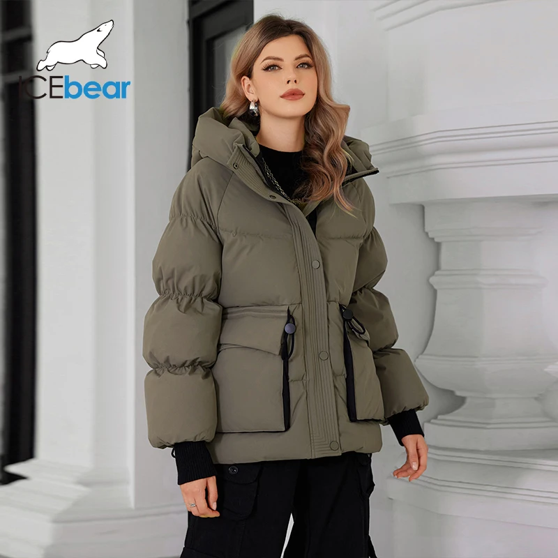 Icebear 2024 inverno feminino curto casual solto jaqueta leve com bolsos grandes feminino com capuz com zíper para baixo casaco gwd4609i