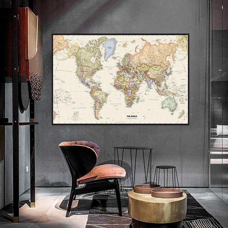 225*150 World แผนที่รายละเอียดภาพ Vintage ศิลปะบนผนังโปสเตอร์ Non-ทอภาพวาดผ้าใบโรงเรียนสำนักงานตกแต่ง