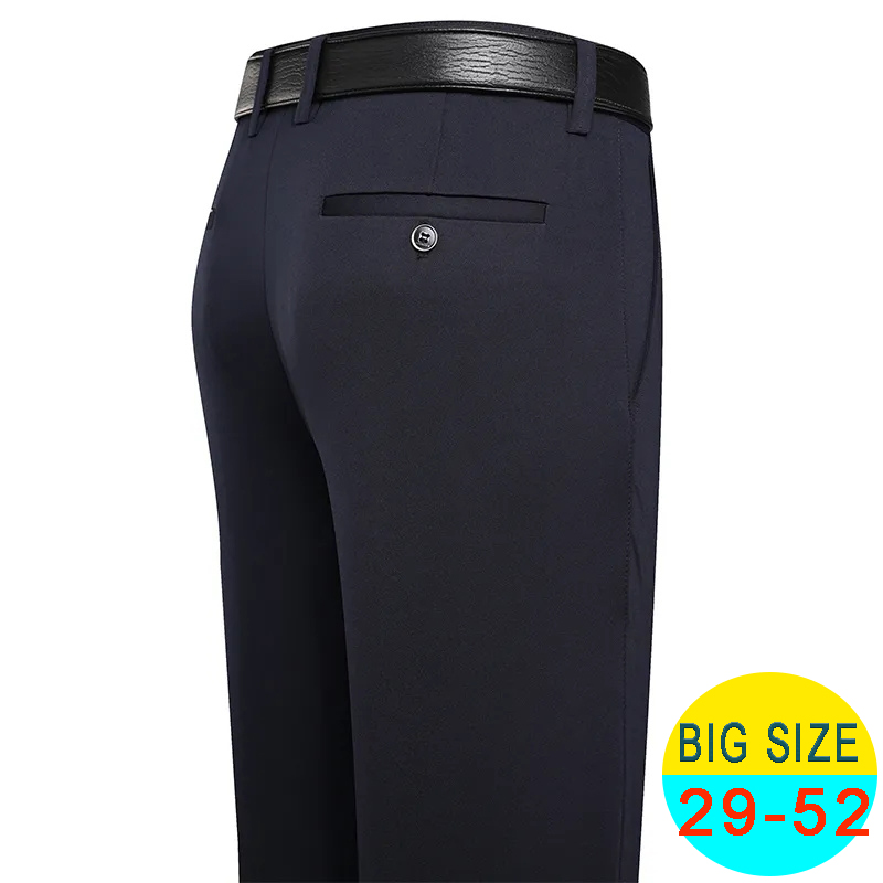 Primavera verão calças casuais masculinas calças de terno elástico calças de negócios formais plus size 46 48 clássico azul marinho