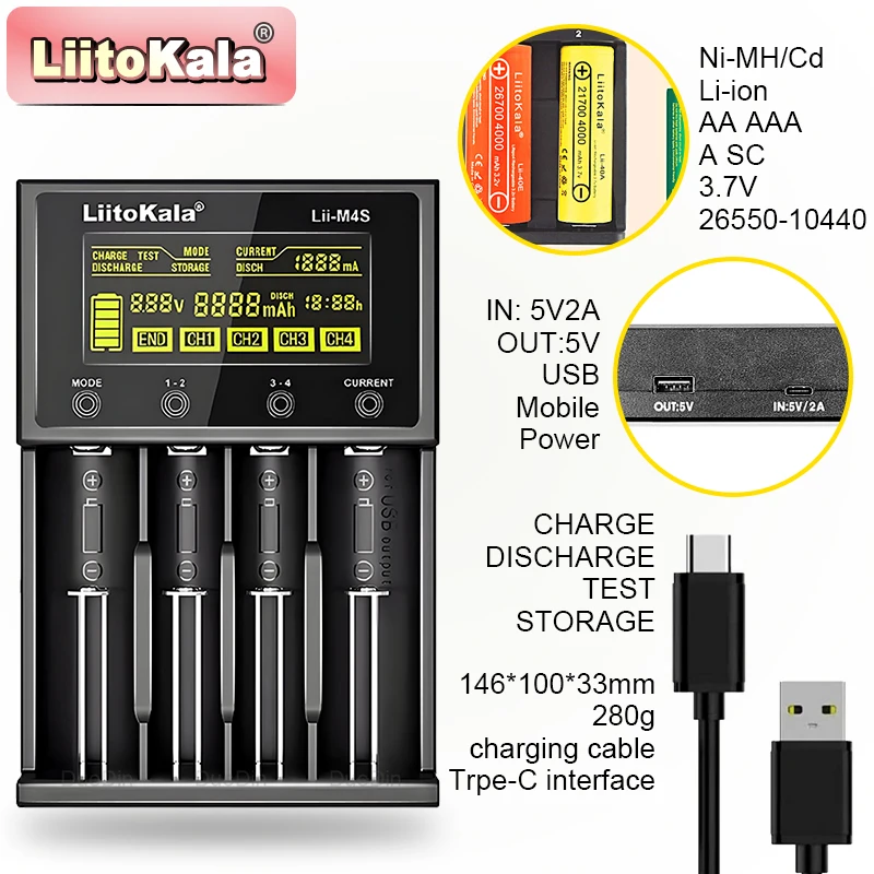 Analizador de cargador inteligente LiitoKala de 4 ranuras |   Lii-500/M4/M4S |   Probador de capacidad de batería con pantalla LCD |   Salida USB 5V |   CE/FCC