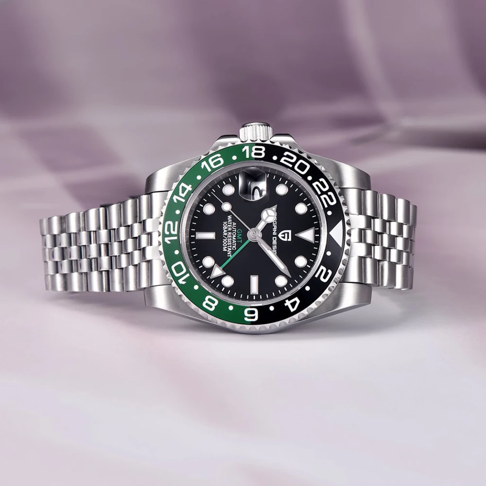 Reloj de pulsera mecánico PAGANI DESIGN para hombres GMT de lujo, reloj de cristal de zafiro de acero inoxidable 100M, relojes automáticos a prueba de agua