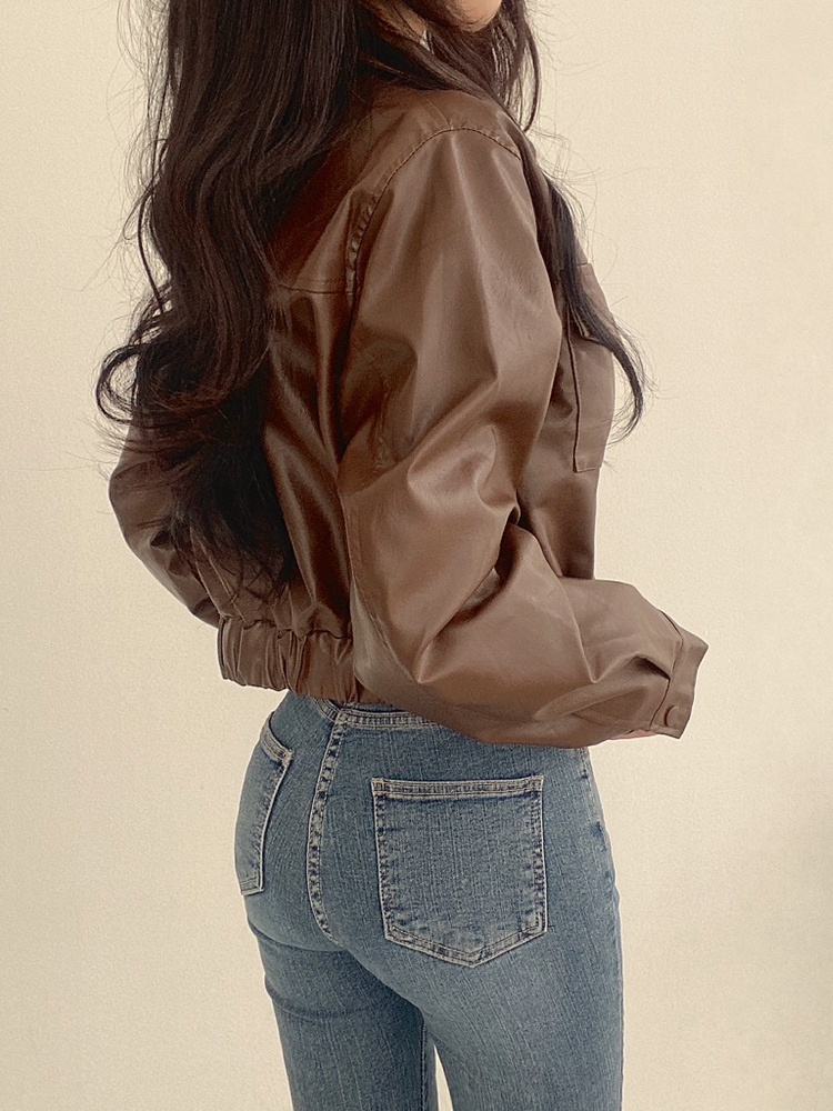 女性のプレミアムショート PU レザージャケットルーズフィットポロカラーアウター韓国スタイル秋冬痩身バイカーコート