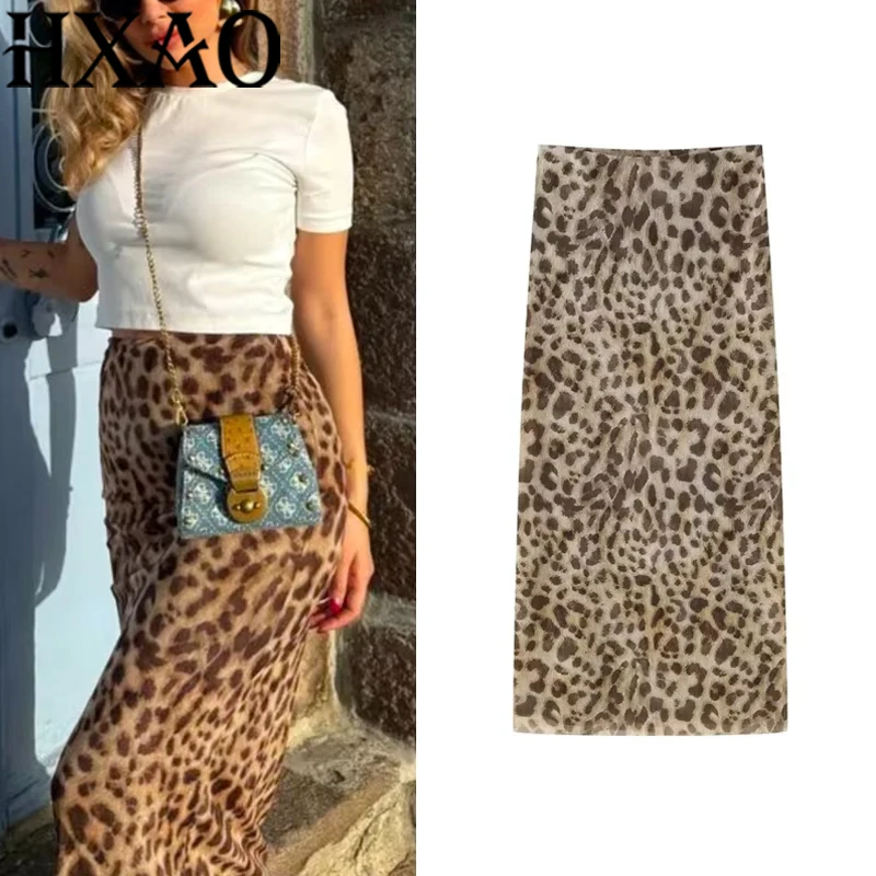 HXAO Leopardo Gonne Lunghe da Donna 2024 Primavera Estate Autunno Elegante Partito Stampato Gonne Moda Donna Casual Ufficio Midi Gonne