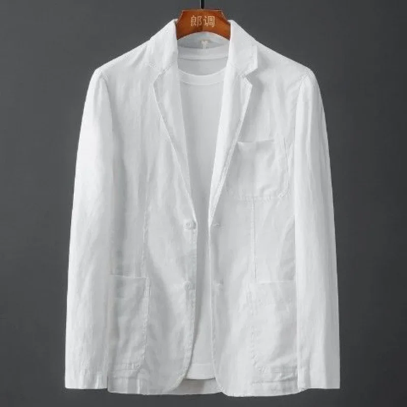 Chaqueta fina de lino y algodón transpirable para hombre, traje informal ajustado, color blanco, primavera y verano, 2022