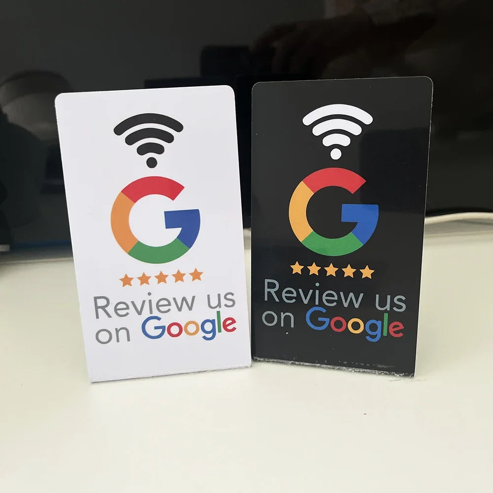 Cartão de revisão google programável 13.56mhz mesa de estação nfc nfc google comentários exibir cartão dobrável suporte de marca