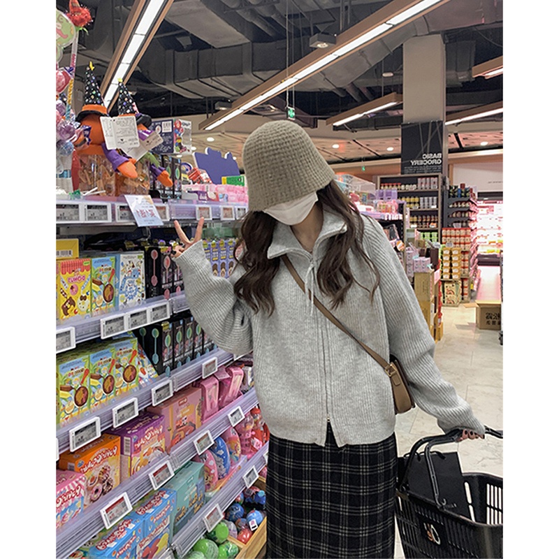 Elegant Purple Knitted Open Cardigan Sweater Thickened Zipper Collar Women's Spring Autumn New Sle Comfortable Long Sleeve Top