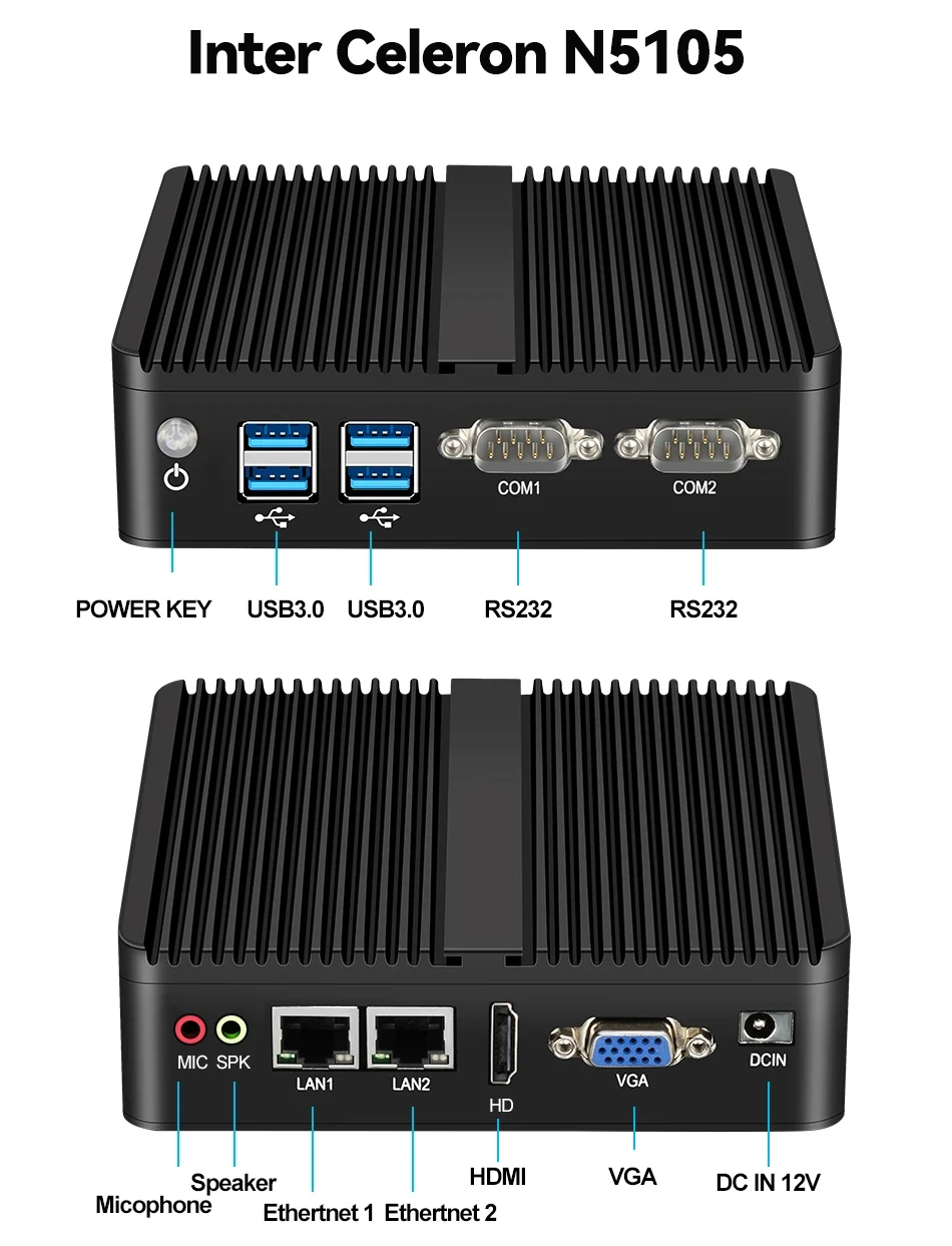 BEBEPC Industrial sin ventilador Mini j6412 j4125 i5 4200U 5200U doble LAN RS232 Win10/11 Pro Linux Ubuntu WIFI ordenador de escritorio pc doméstico
