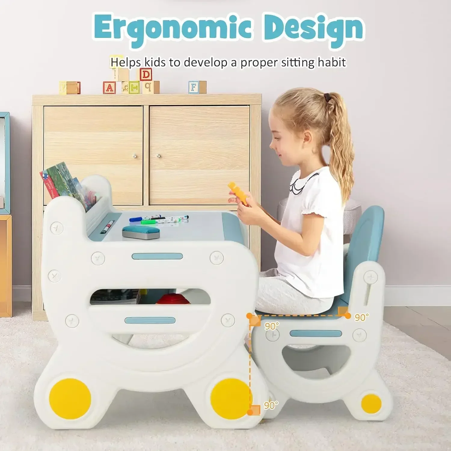 Kids Table and Chair Set, Plastic Children Activity Table with Chair, Toddler Table and Chair Set for Reading,Drawing,Snack Time