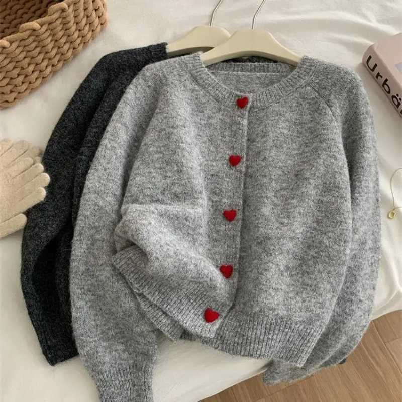 Cardigan de malha de lã cinza profundo para mulheres 2025 outono inverno macio e pegajoso quente amor fivela mangas de ombro