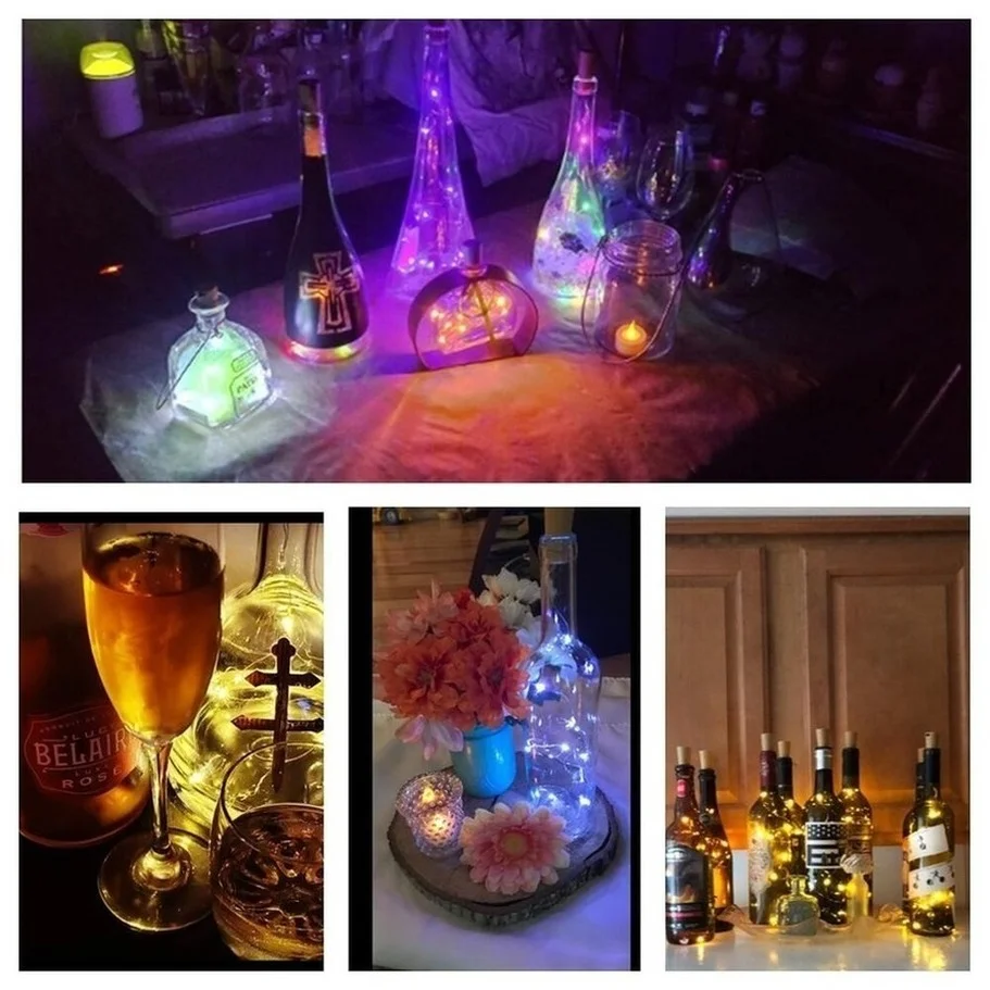 1Pcs ทองแดงสายไฟ LED Garland พลังงานแสงอาทิตย์ขวดไวน์คริสต์มาสไฟ LED String Light งานแต่งงานตกแต่งโคมไฟ