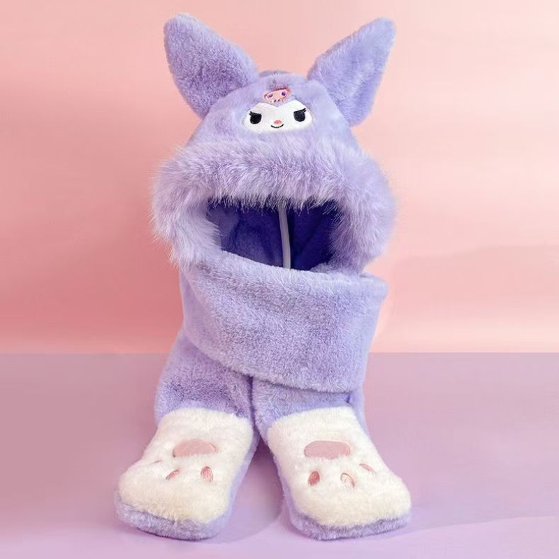 New Sanrio Kulomie Children's Winter Thickened Three-piece Scarf Airbag Hat Integrated Ears Will Move scarves hat