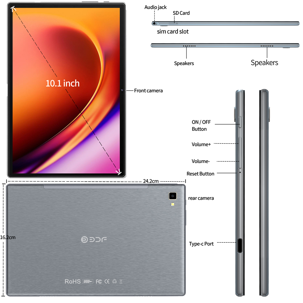 Versión global BDF G10 Android12 Tablet 10,1 pulgadas 6GB/128GB tabletas Octa Core 3G 4G Lte WiFi Bluetooth