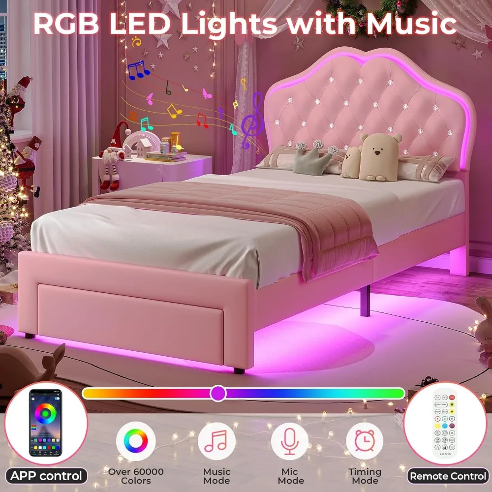 Twin Size Girl Bed with Storage Drawer & LED Lights, Upholstered Platform Bed, Adjustable Headboard with Velvet Crystal Button P