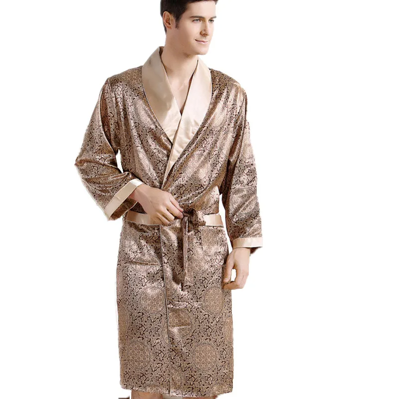 Mężczyźni jedwabny szlafrok z długimi rękawami duży rozmiar 5XL kimono Home szlafrok męskie nadruki geometryczne szaty dekolt satynowa bielizna nocna koszula nocna
