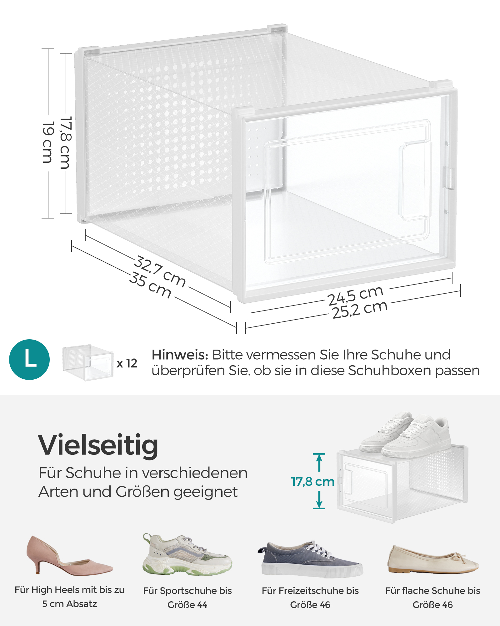 SONGMICS Schuhbox Schuhbox (18 St), faltbar, bis Größe 44 oder 46