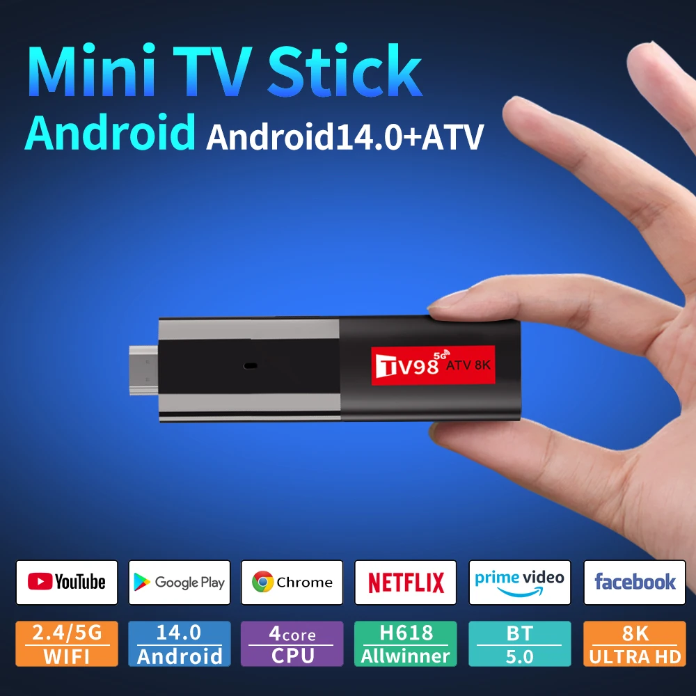TV98 TV Stick Android 14 Smart ATV Поддержка 8K Видео 4K BT5.0 WiFi6 Allwinner H618 Четырехъядерный процессор Cortex A53 Голосовой пульт Smart TV Box
