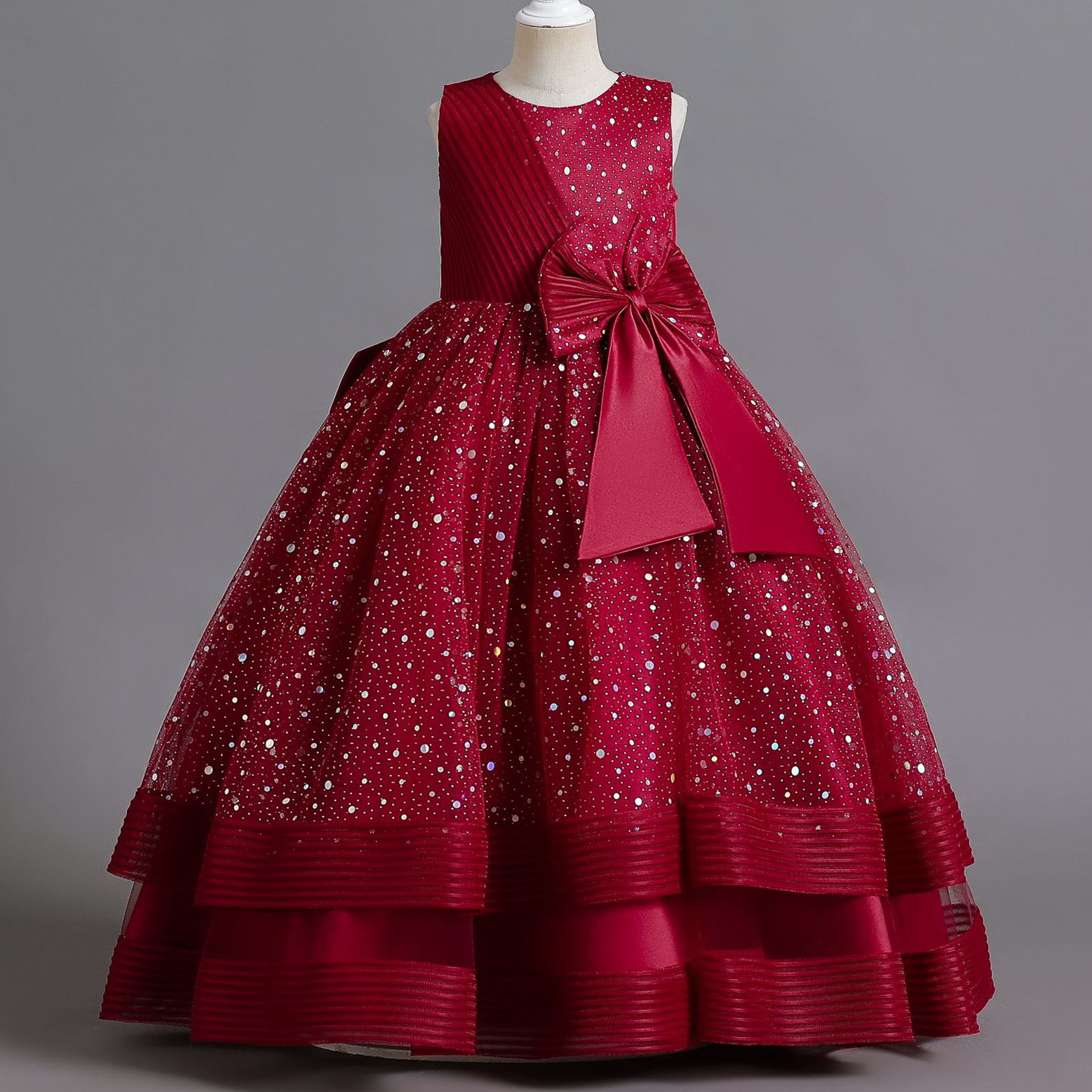 새로운 여자 아이 폴카 도트 얇은 명주 그물 레이스 생일 파티 저녁 파티 드레스 소녀 큰 나비 드레스 새로운 크리스마스 파티 공주 d