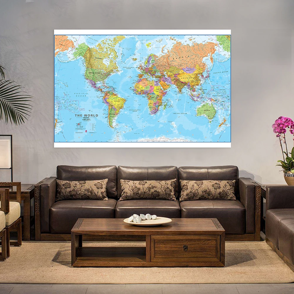Lienzo no tejido, mapa del mundo, póster detallado, pintura, Arte de la pared Decoración para dormitorio, decoración del hogar, regalos de viaje, 150x90cm
