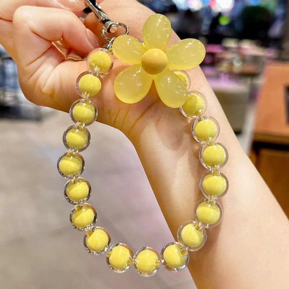 Colored bead petal Lanyard for IPhone Anti-Lost Bracelet for Samsung Mobile Phone Case Wrist Strap Car Keychain Cute Phone Charm