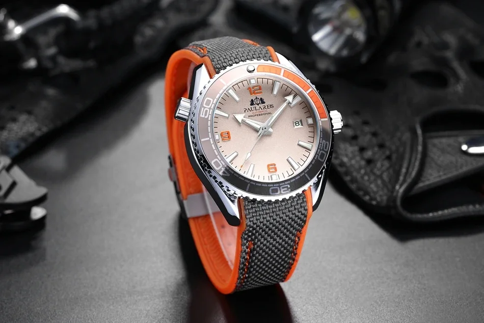 Herren-Luxusuhr mit automatischem Selbstaufzug, mechanischem Canvas-Kautschukarmband, Orange, Blau, Rot