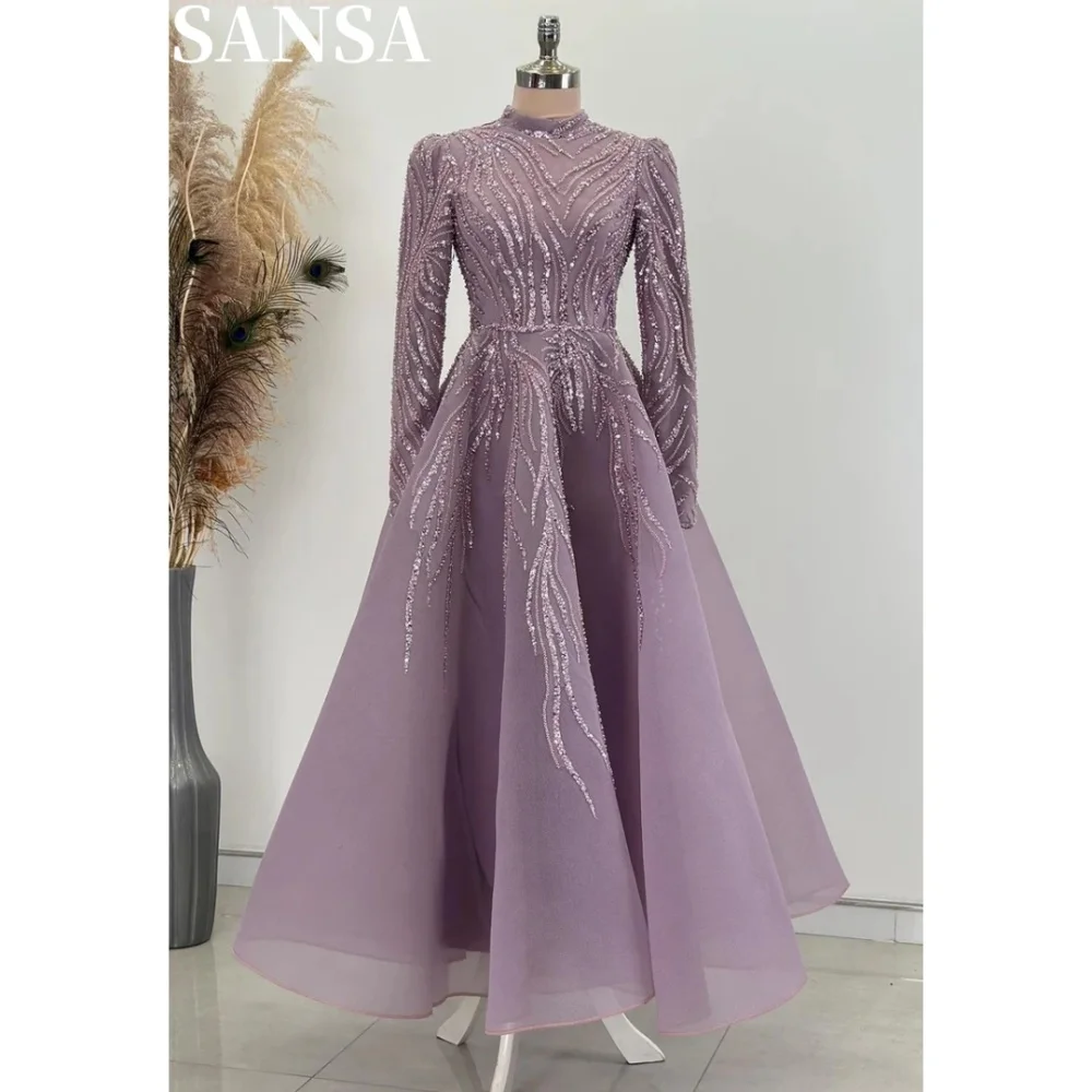 Sansa Formal A-line Beading Lace Evening Dress Glitter Floor-Length O-Neck Wedding Dress Long Sleeve vestidos de fiesta 2024