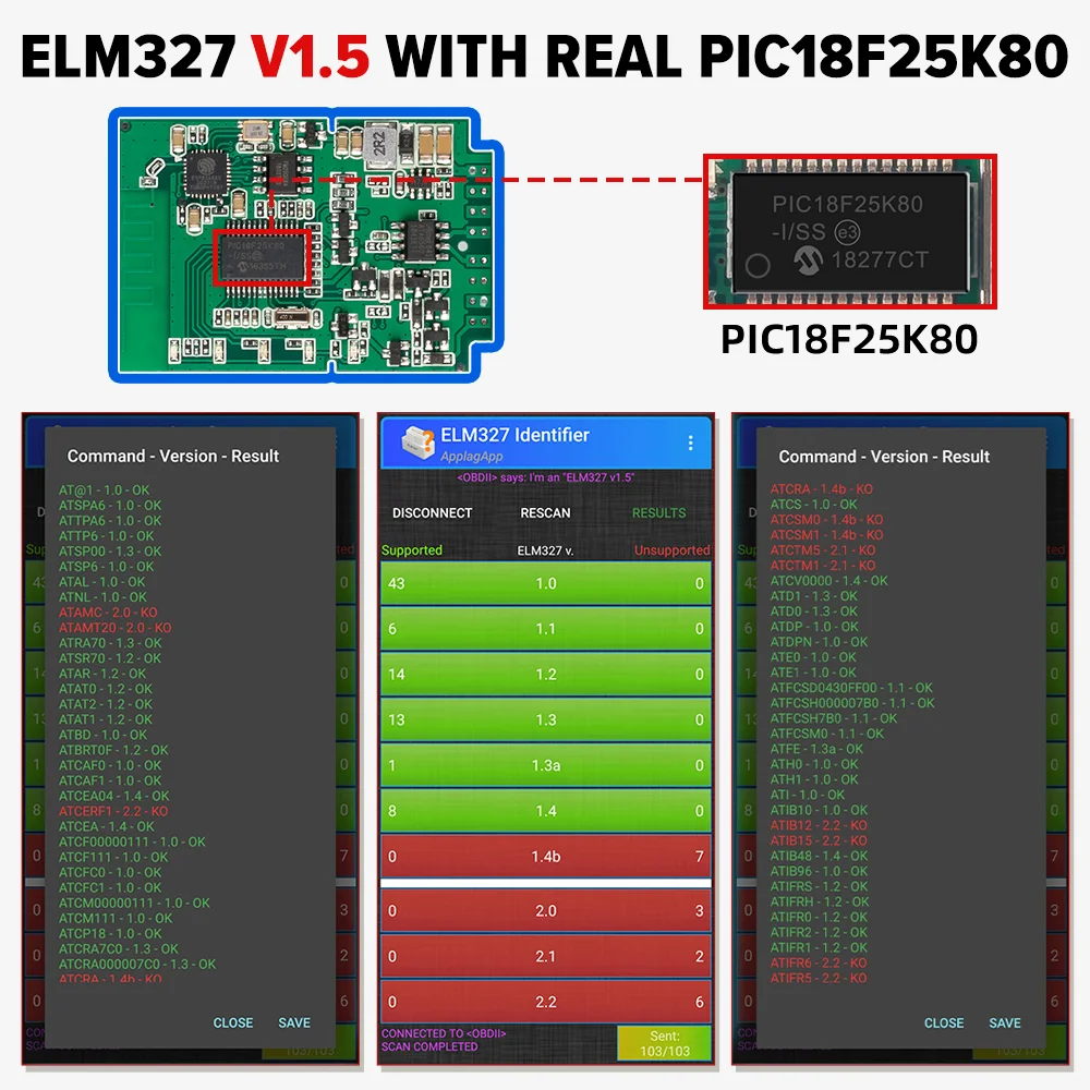 KINGBOLEN ELM327 compatible con Bluetooth V1.5 PIC18F25K80 ATAL y ATPPS 4mHz Crystal Wifi para lector de código de torsión OBDII Android/IOS